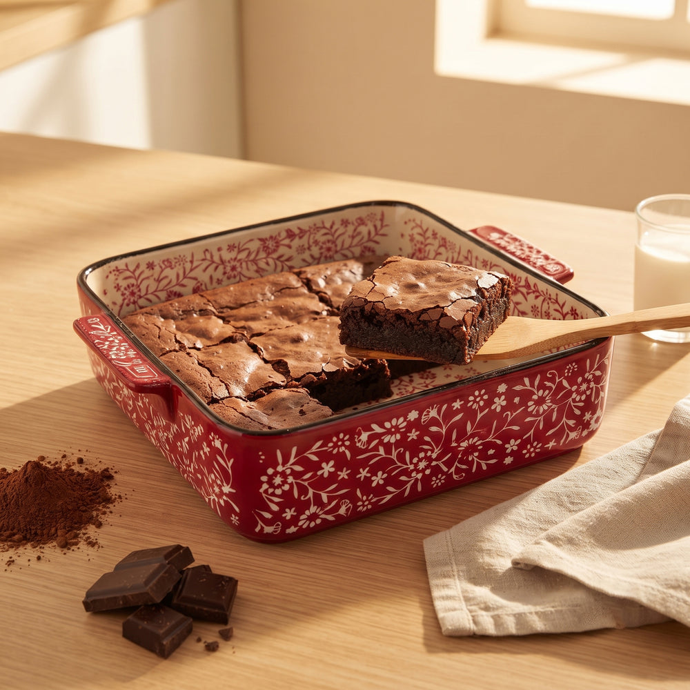 داني هوم طاجن بورسلين مربع أحمر وبيج 25 سم