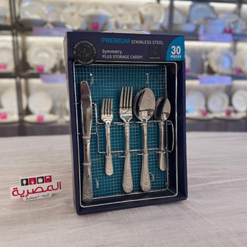 طقم ملاعق استانلس فضي بمقبض هندسي 30 قطعة مع استاند