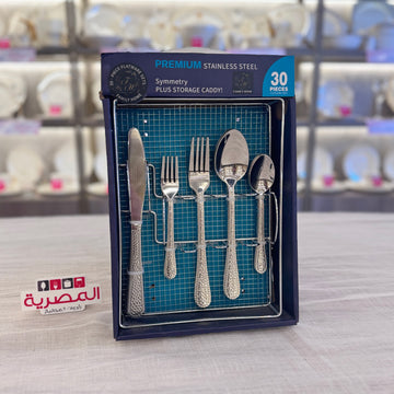 طقم ملاعق استانلس فضي بمقبض محبب 30 قطعة مع استاند