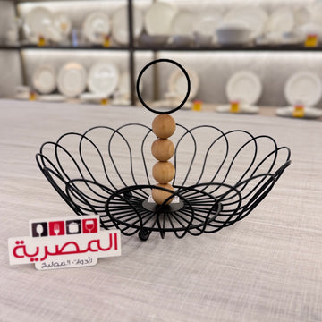 طبق فاكهة معدن بيد خشب مدور وردة