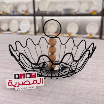 طبق فاكهة معدن بيد خشب مدور وردة