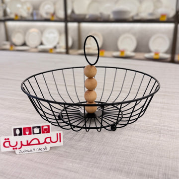طبق فاكهة معدن بيد خشب مدور