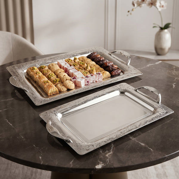 أرشا طقم 2 صينية تقديم استانلس 18/10 مستطيل سيلفر بحافة مزخرفة ويد حلقية