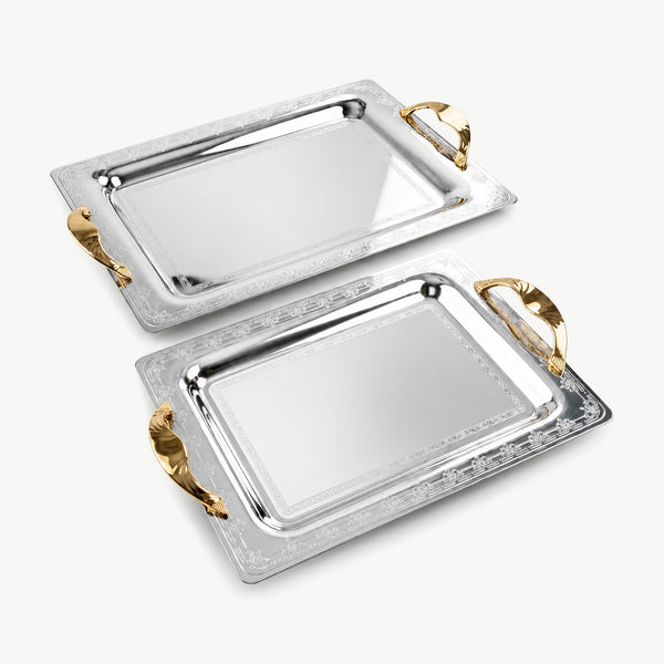 أرشا طقم 2 صينية تقديم استانلس 18/10 مستطيل بيد جولد بحافة سادة ويد مستطيلة