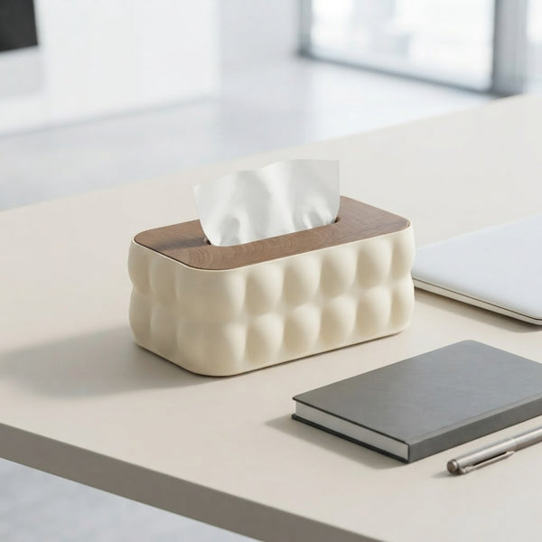 علبة مناديل بلاستيك بغطاء خشب بابل كريمي