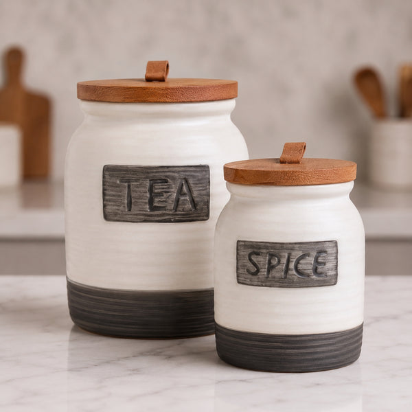طقم توابل بورسلين 7 قطع بغطاء وحامل خشب مدور خطوط أبيض × رمادي