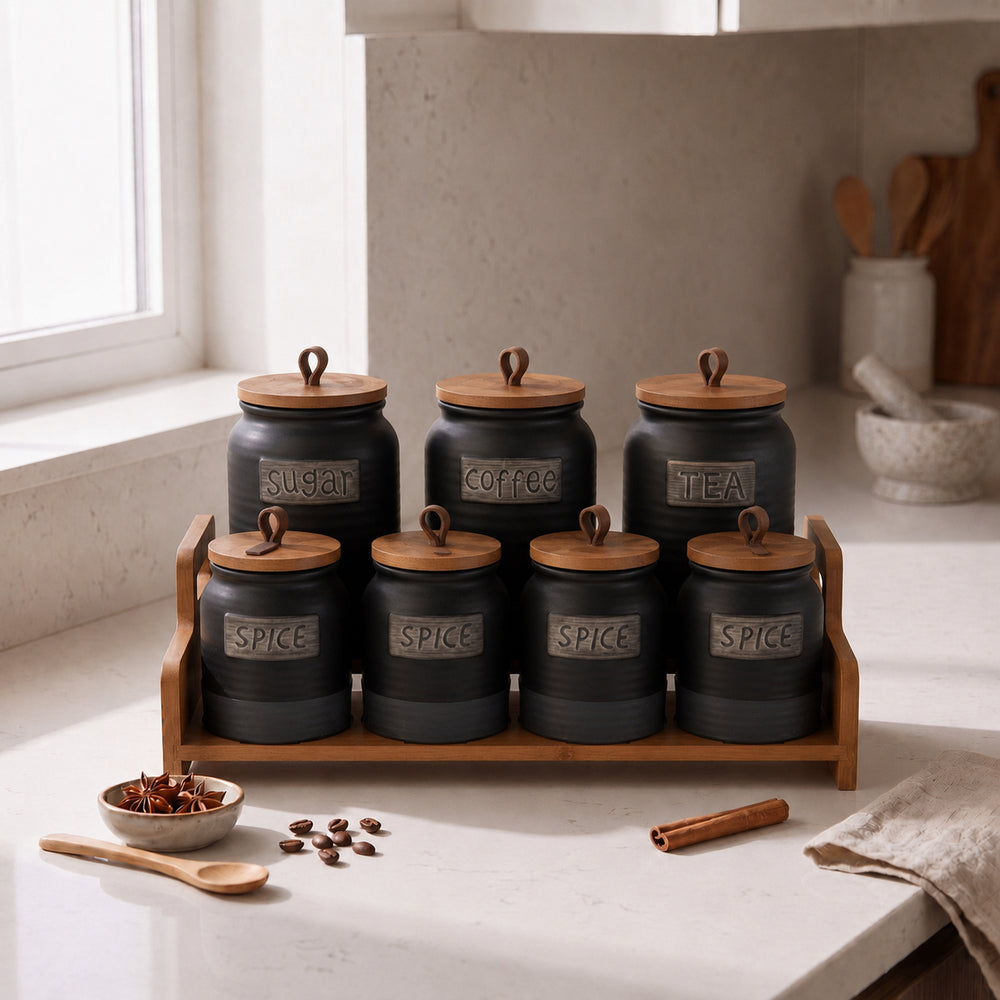 طقم توابل بورسلين 7 قطع بغطاء وحامل خشب مدور خطوط أسود × رمادي