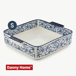 داني هوم طاجن روستر بورسلين أبيض برسمة لوتس زرقاء مربع 26 سم