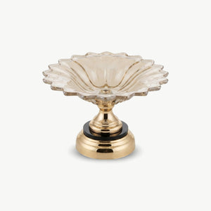 طبق فاكهة زجاج عسلي وردة بقاعدة معدن ذهبي