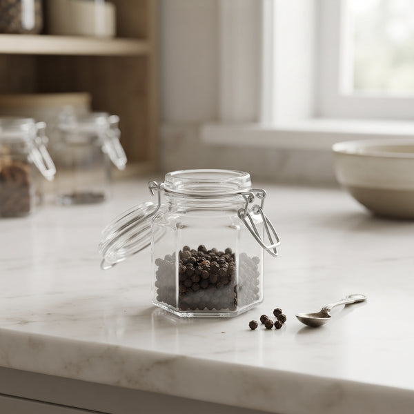 برطمان زجاج ميني مدور مضلع بغطاء كليبس وجوان